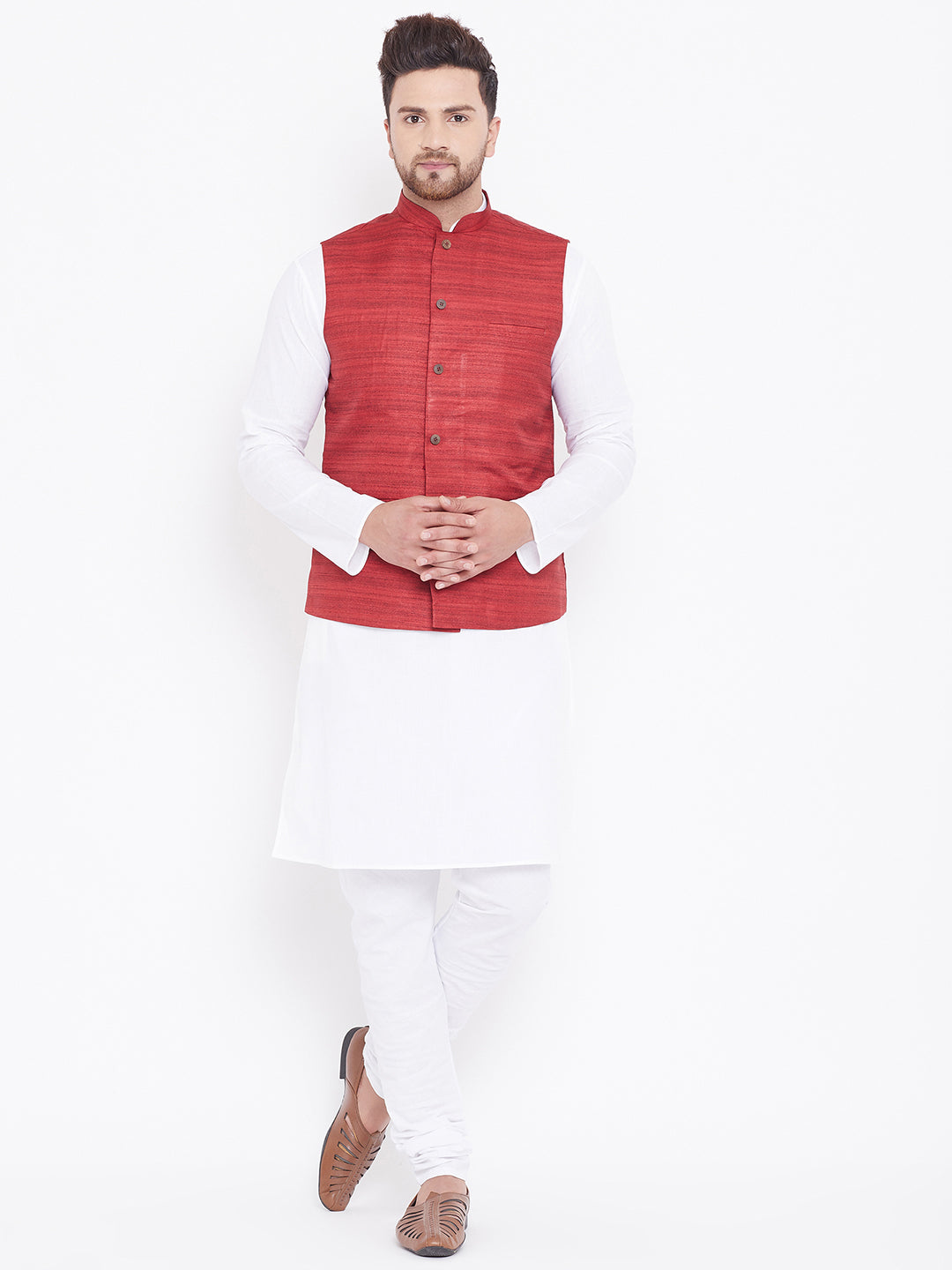 Sarvati Men's Maroon And White Cotton Blend Jacket, Kurta and Pyjama Set