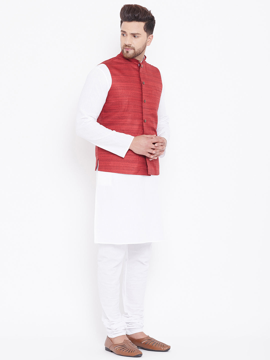 Sarvati Men's Maroon And White Cotton Blend Jacket, Kurta and Pyjama Set