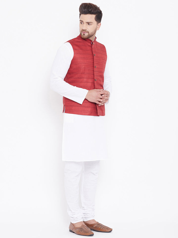 Sarvati Men's Maroon And White Cotton Blend Jacket, Kurta and Pyjama Set