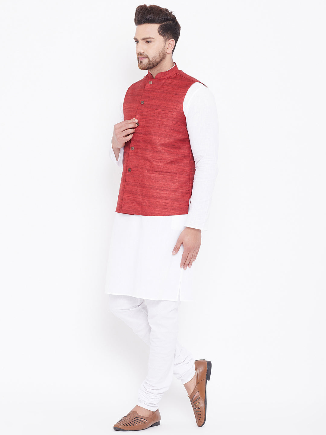 Sarvati Men's Maroon And White Cotton Blend Jacket, Kurta and Pyjama Set