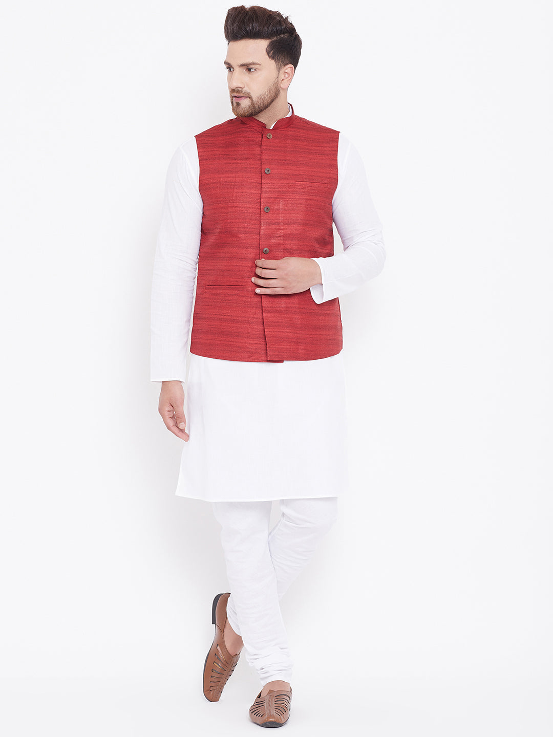 Sarvati Men's Maroon And White Cotton Blend Jacket, Kurta and Pyjama Set