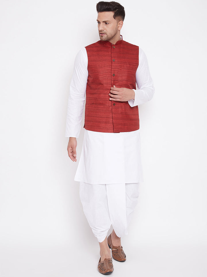 Sarvati Men's Maroon And White Cotton Blend Jacket, Kurta and Dhoti Set