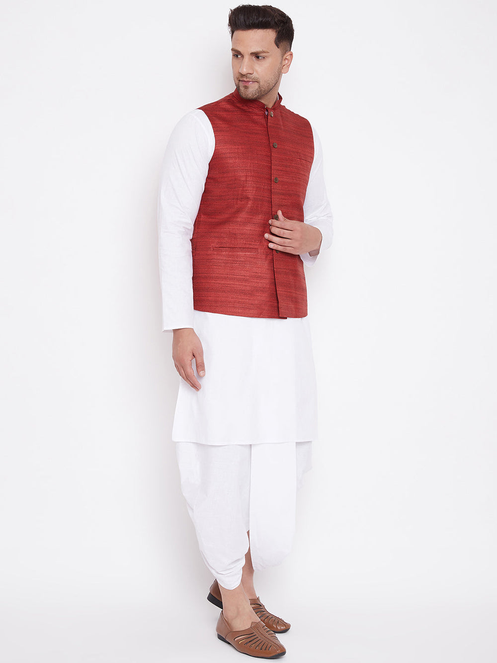 Sarvati Men's Maroon And White Cotton Blend Jacket, Kurta and Dhoti Set