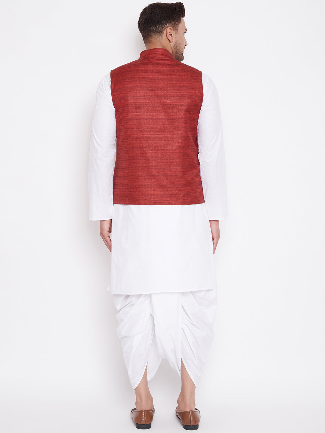 Sarvati Men's Maroon And White Cotton Blend Jacket, Kurta and Dhoti Set