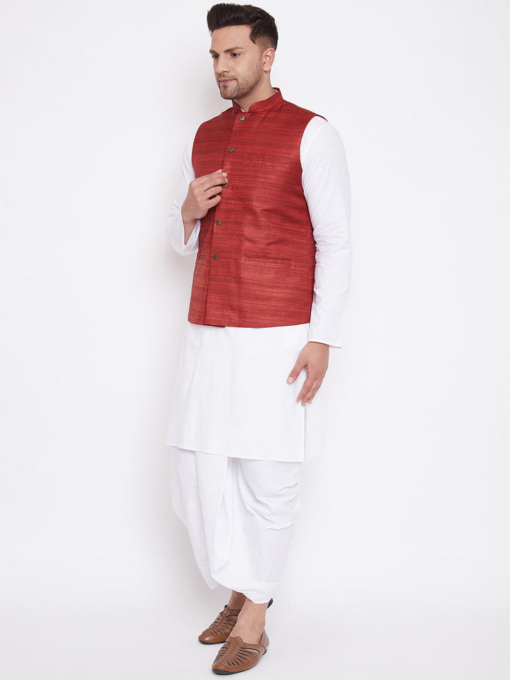 Sarvati Men's Maroon And White Cotton Blend Jacket, Kurta and Dhoti Set