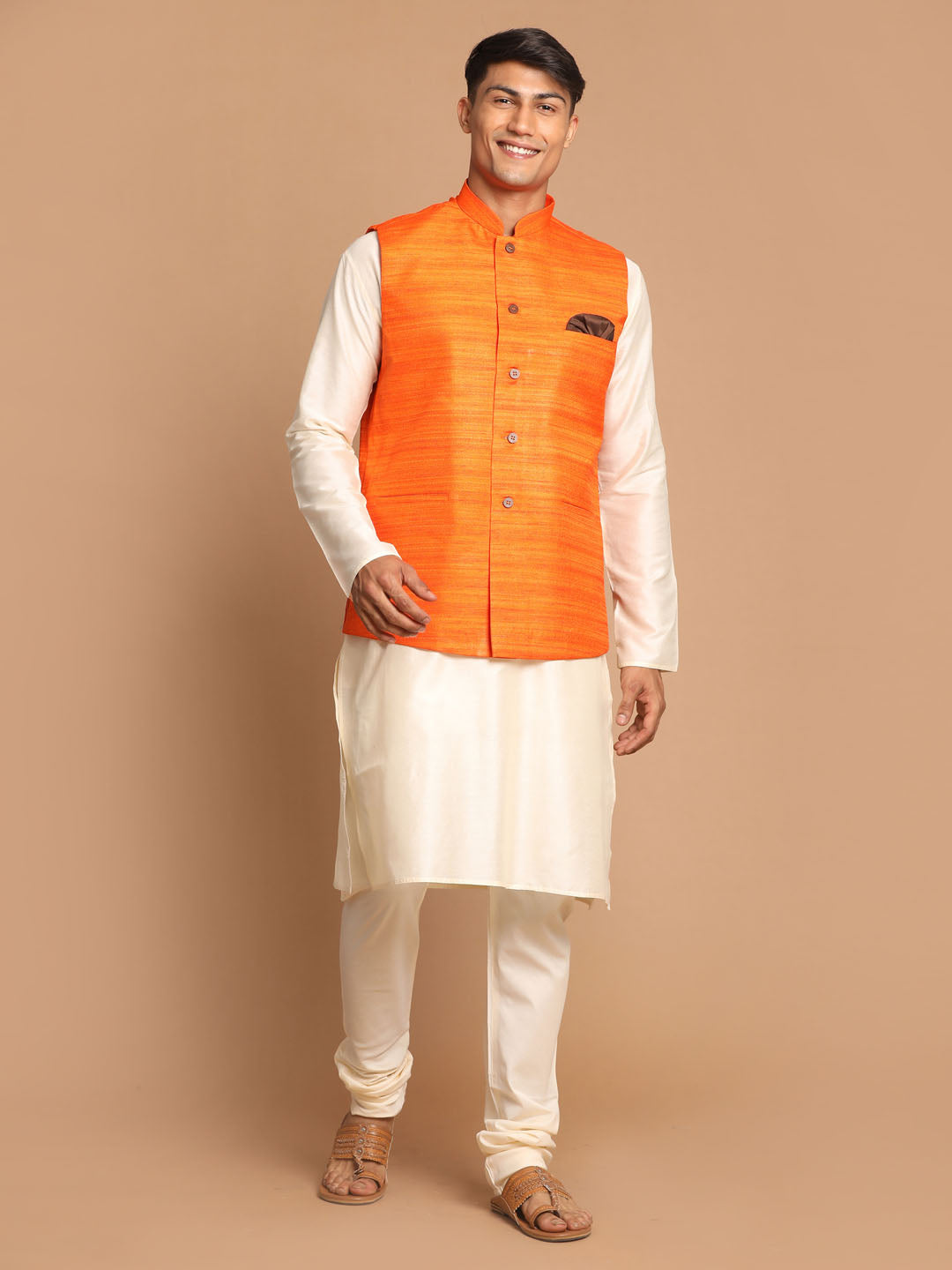 Sarvati Men's Orange Cotton Blend Jacket With Cream Solid Kurta And Pyjama Set