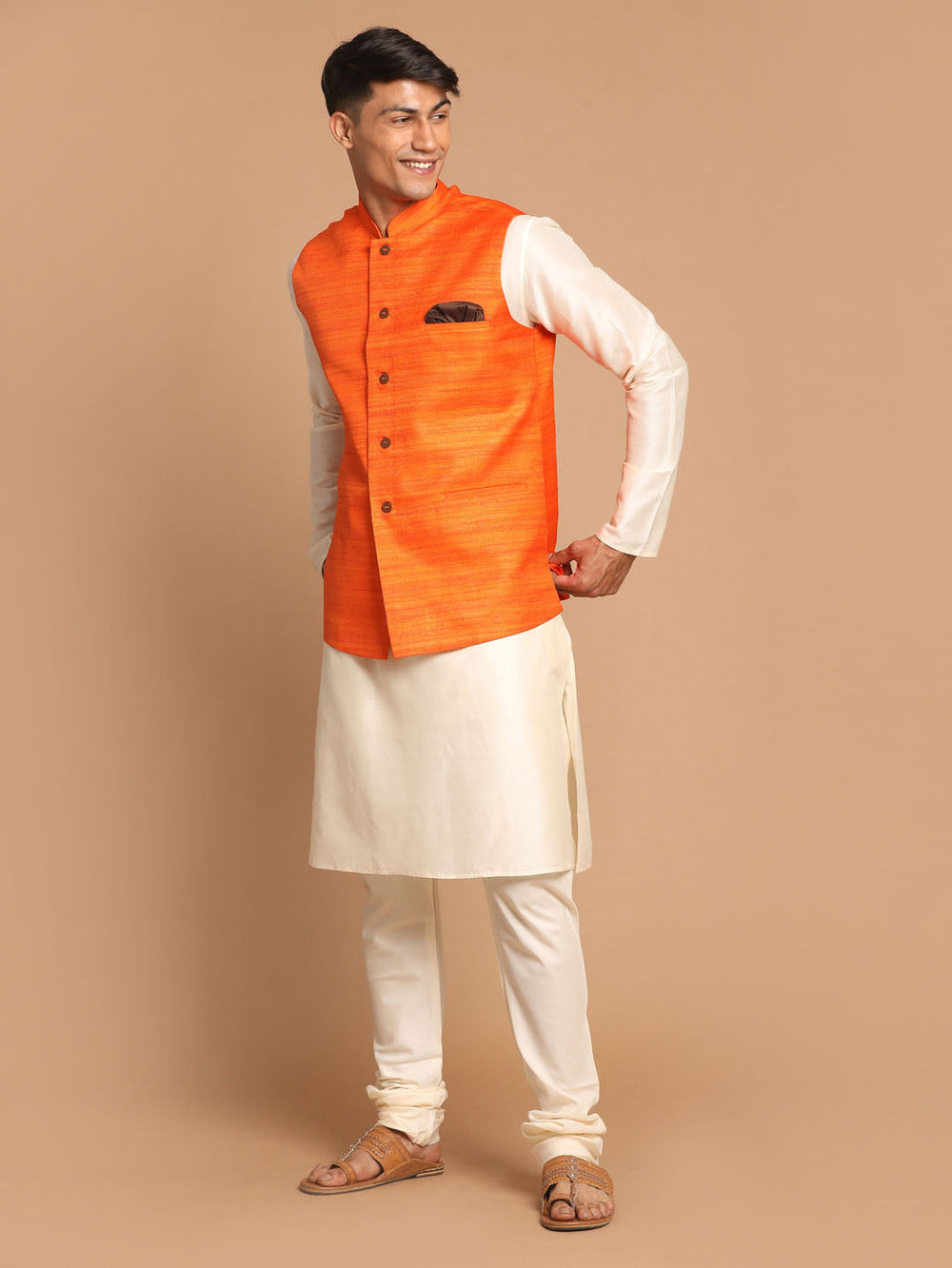 Sarvati Men's Orange Cotton Blend Jacket With Cream Solid Kurta And Pyjama Set