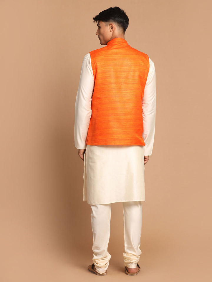 Sarvati Men's Orange Cotton Blend Jacket With Cream Solid Kurta And Pyjama Set