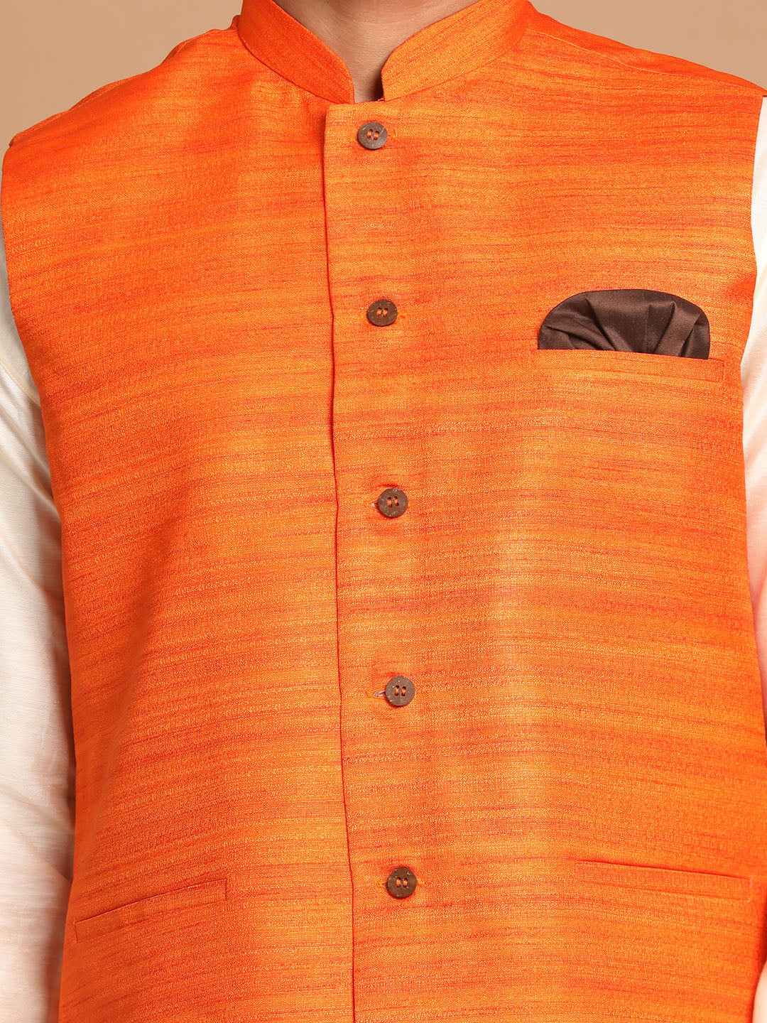 Sarvati Men's Orange Cotton Blend Jacket With Cream Solid Kurta And Pyjama Set