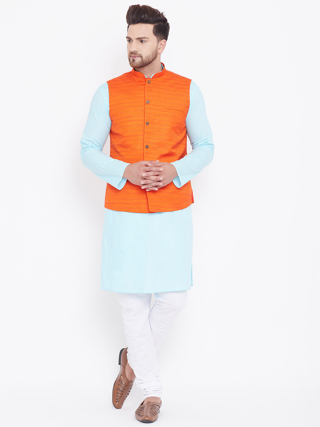 Sarvati Men's Orange, Aqua And White Cotton Blend Jacket, Kurta and Pyjama Set