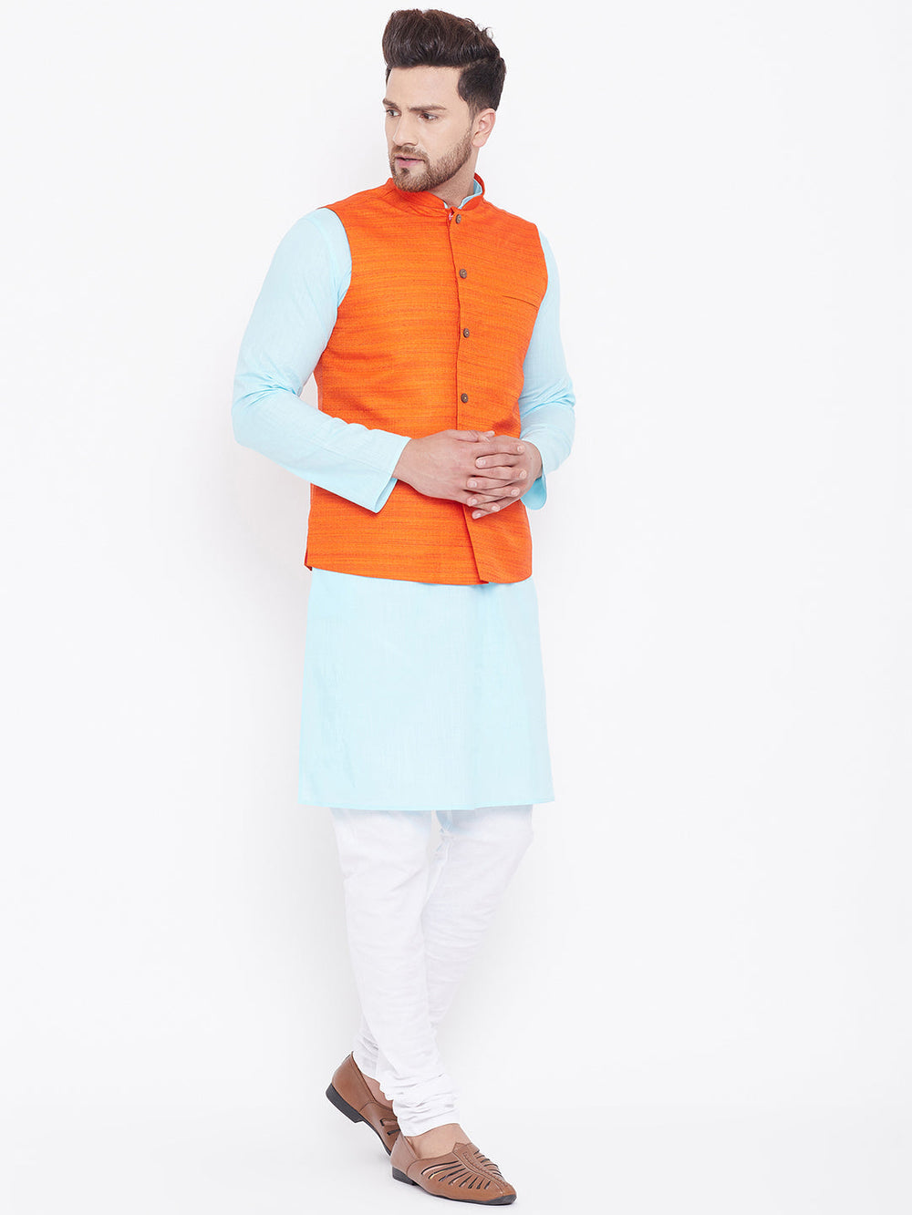 Sarvati Men's Orange, Aqua And White Cotton Blend Jacket, Kurta and Pyjama Set