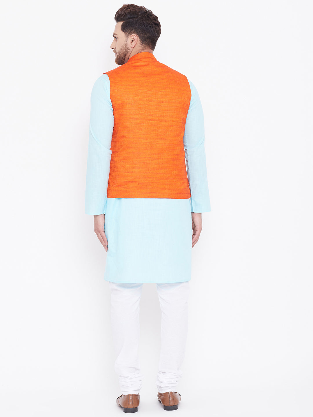 Sarvati Men's Orange, Aqua And White Cotton Blend Jacket, Kurta and Pyjama Set