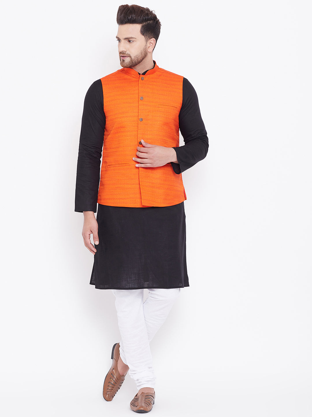 Sarvati Men's Orange, Black And White Cotton Blend Jacket, Kurta and Pyjama Set