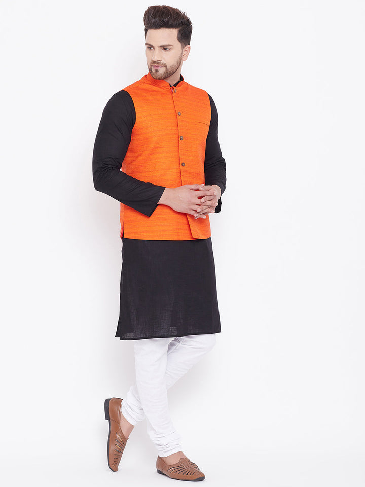 Sarvati Men's Orange, Black And White Cotton Blend Jacket, Kurta and Pyjama Set