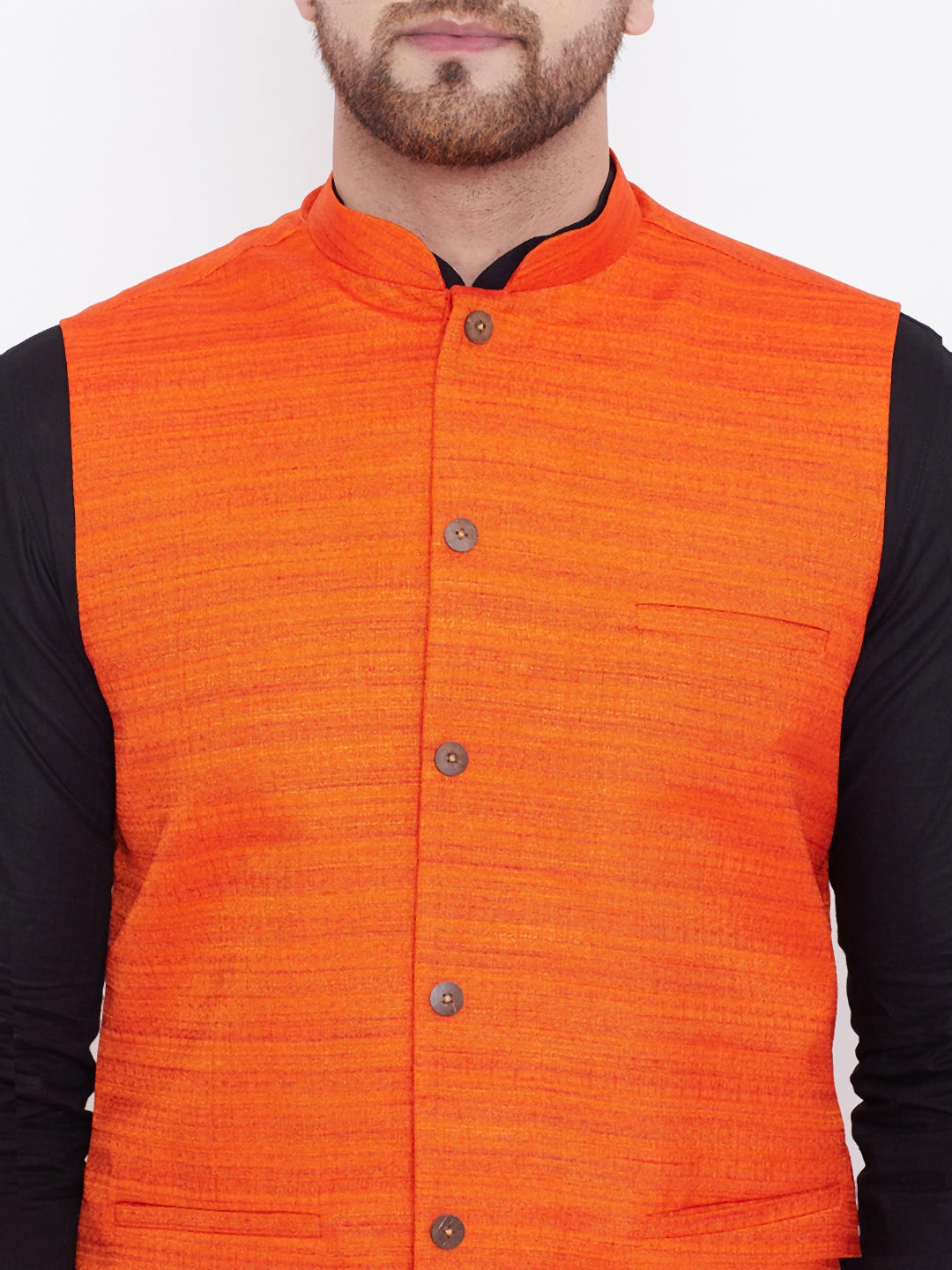 Sarvati Men's Orange, Black And White Cotton Blend Jacket, Kurta and Pyjama Set