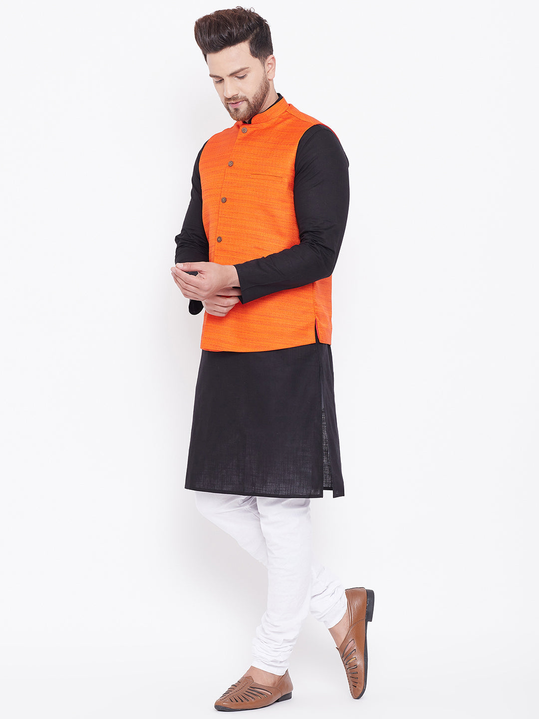 Sarvati Men's Orange, Black And White Cotton Blend Jacket, Kurta and Pyjama Set