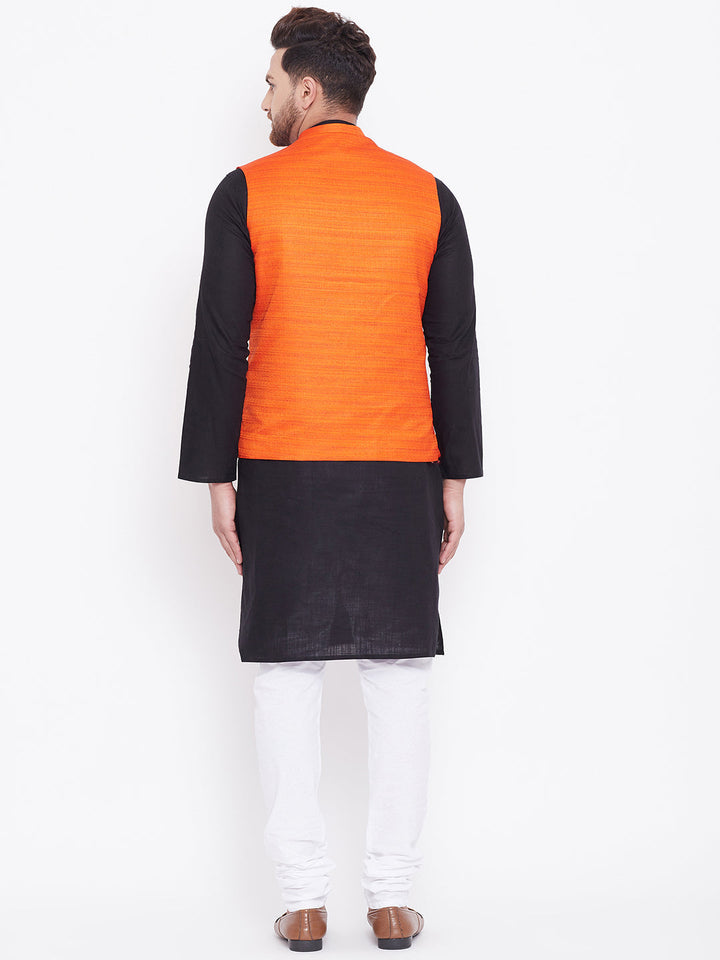 Sarvati Men's Orange, Black And White Cotton Blend Jacket, Kurta and Pyjama Set