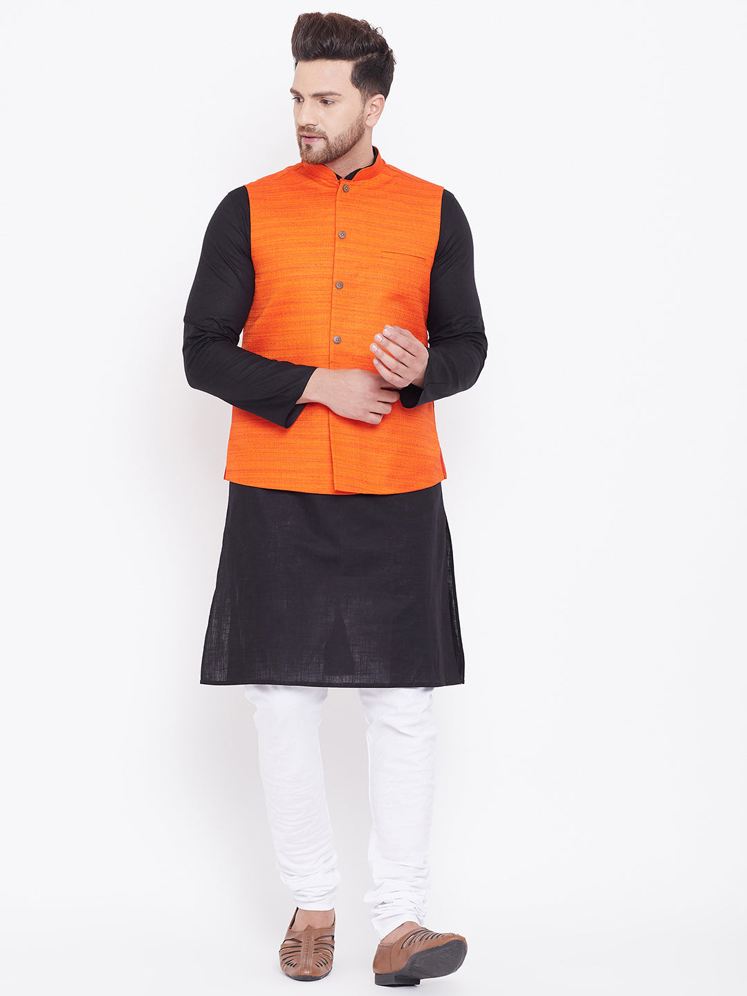 Sarvati Men's Orange, Black And White Cotton Blend Jacket, Kurta and Pyjama Set