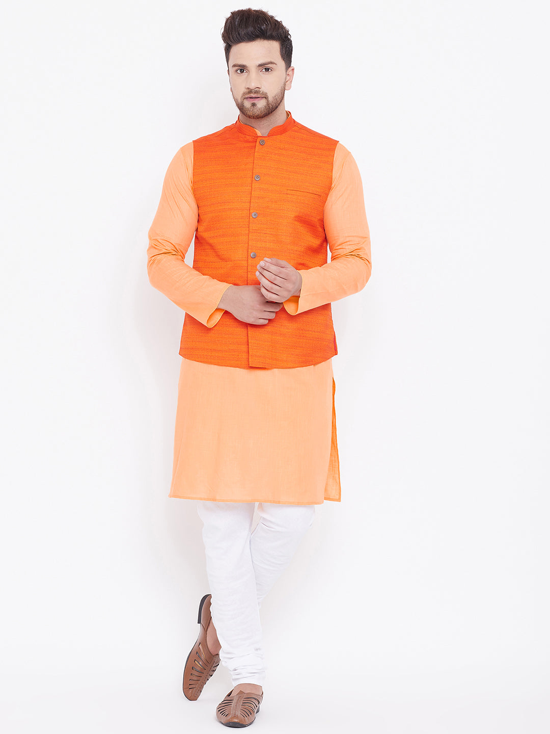 Sarvati Men's Orange, Fawn And White Cotton Blend Jacket, Kurta and Pyjama Set