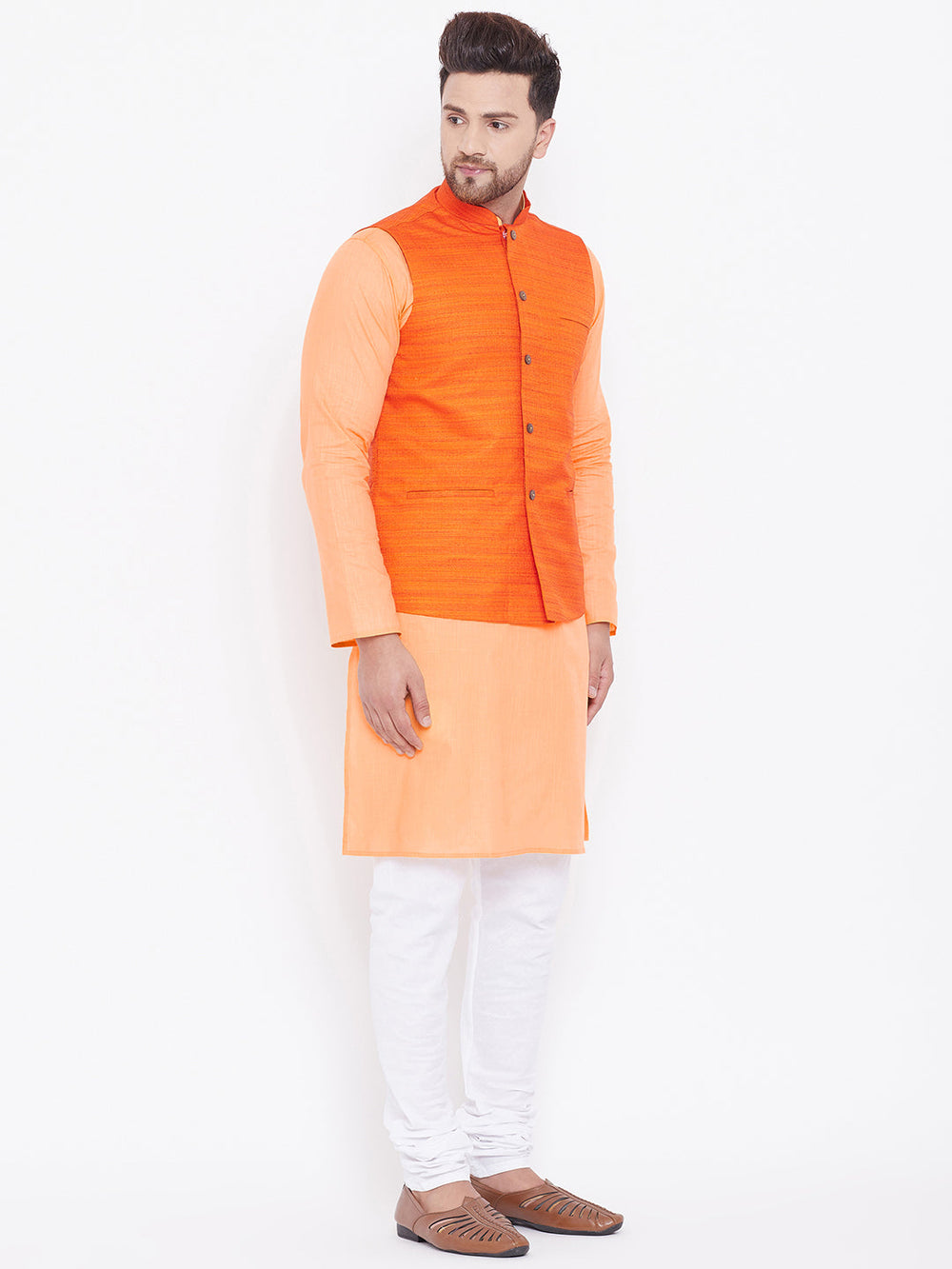 Sarvati Men's Orange, Fawn And White Cotton Blend Jacket, Kurta and Pyjama Set