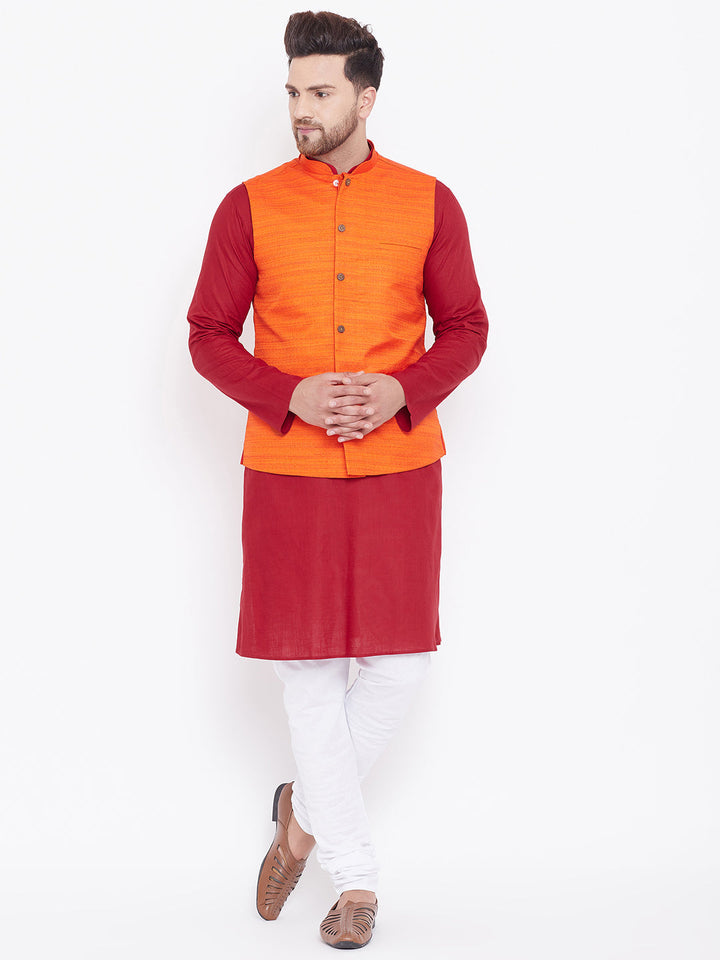 Sarvati Men's Orange, Maroon And White Cotton Blend Jacket, Kurta and Pyjama Set