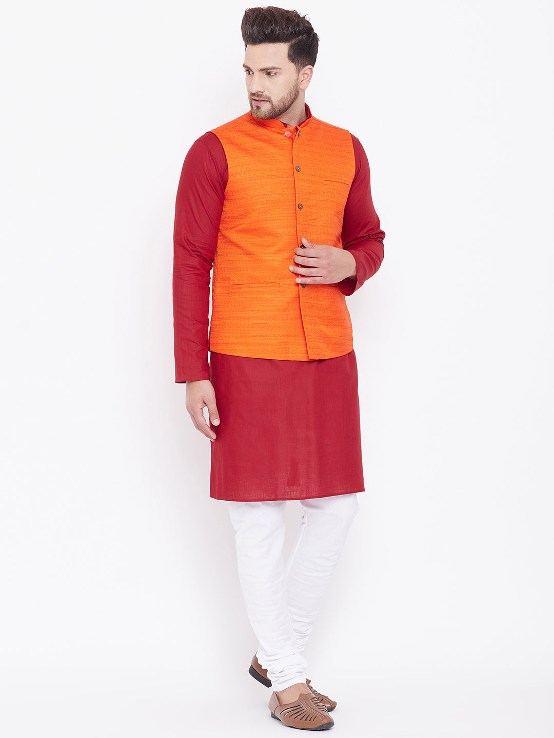 Sarvati Men's Orange, Maroon And White Cotton Blend Jacket, Kurta and Pyjama Set