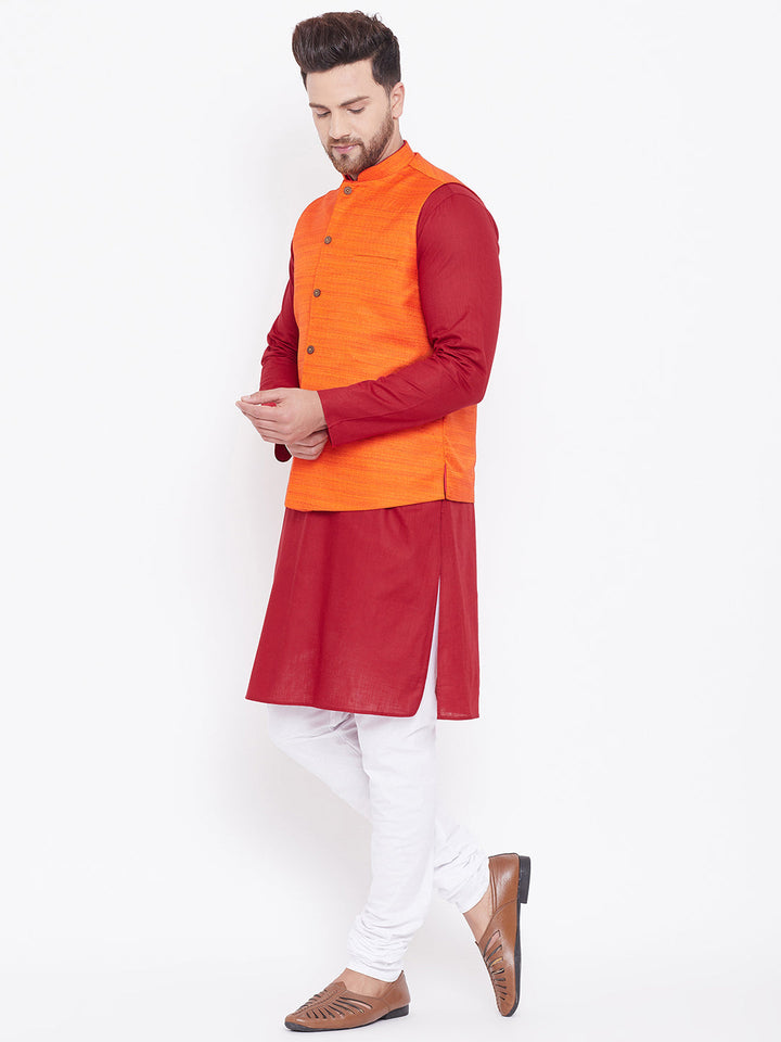 Sarvati Men's Orange, Maroon And White Cotton Blend Jacket, Kurta and Pyjama Set