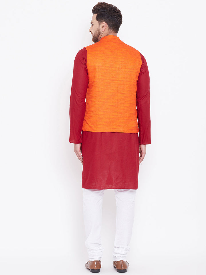 Sarvati Men's Orange, Maroon And White Cotton Blend Jacket, Kurta and Pyjama Set