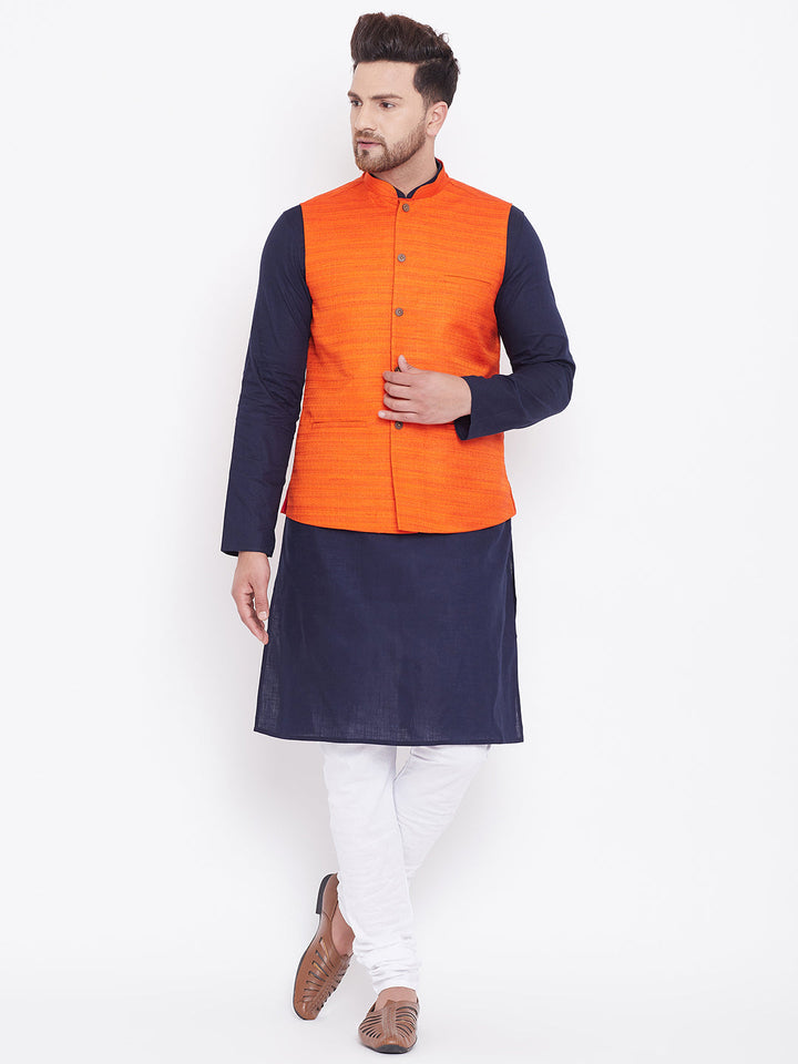 Sarvati Men's Orange, Navy Blue And White Cotton Blend Jacket, Kurta and Pyjama Set