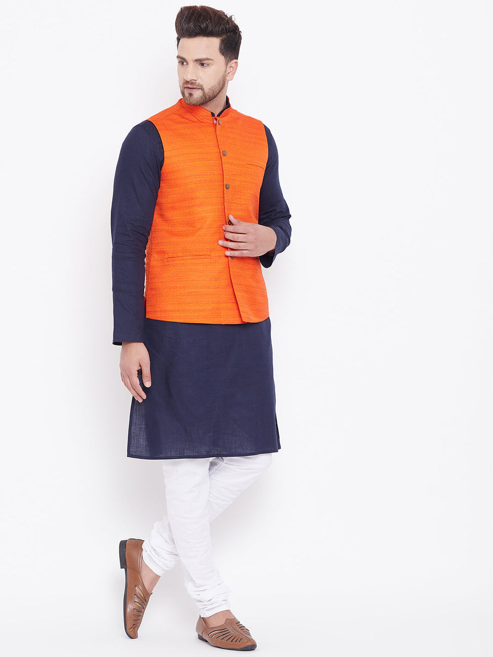 Sarvati Men's Orange, Navy Blue And White Cotton Blend Jacket, Kurta and Pyjama Set