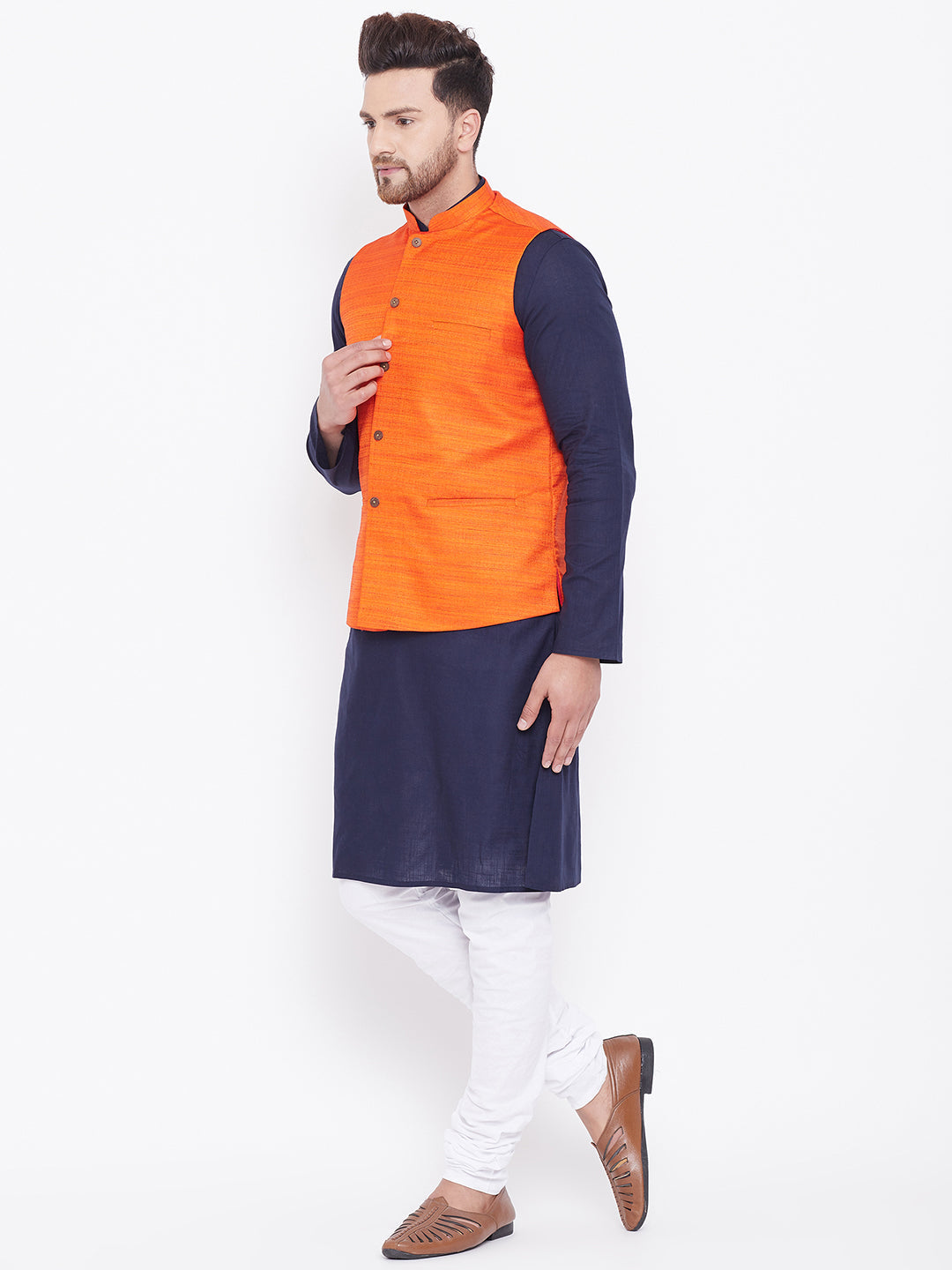 Sarvati Men's Orange, Navy Blue And White Cotton Blend Jacket, Kurta and Pyjama Set