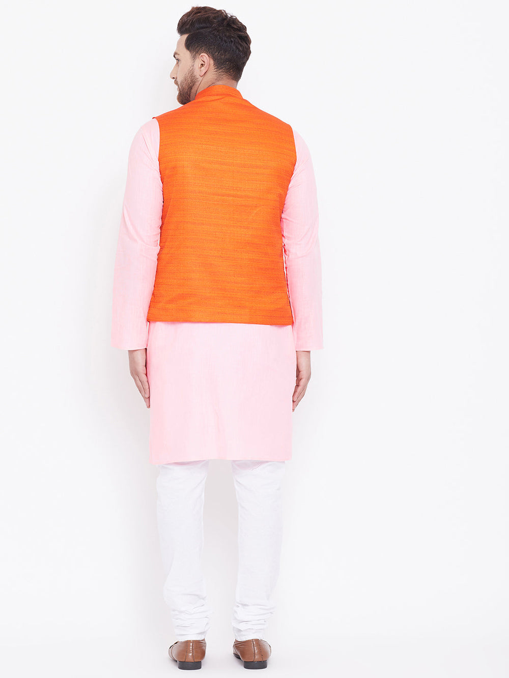 Sarvati Men's Orange, Pink And White Cotton Blend Jacket, Kurta and Pyjama Set