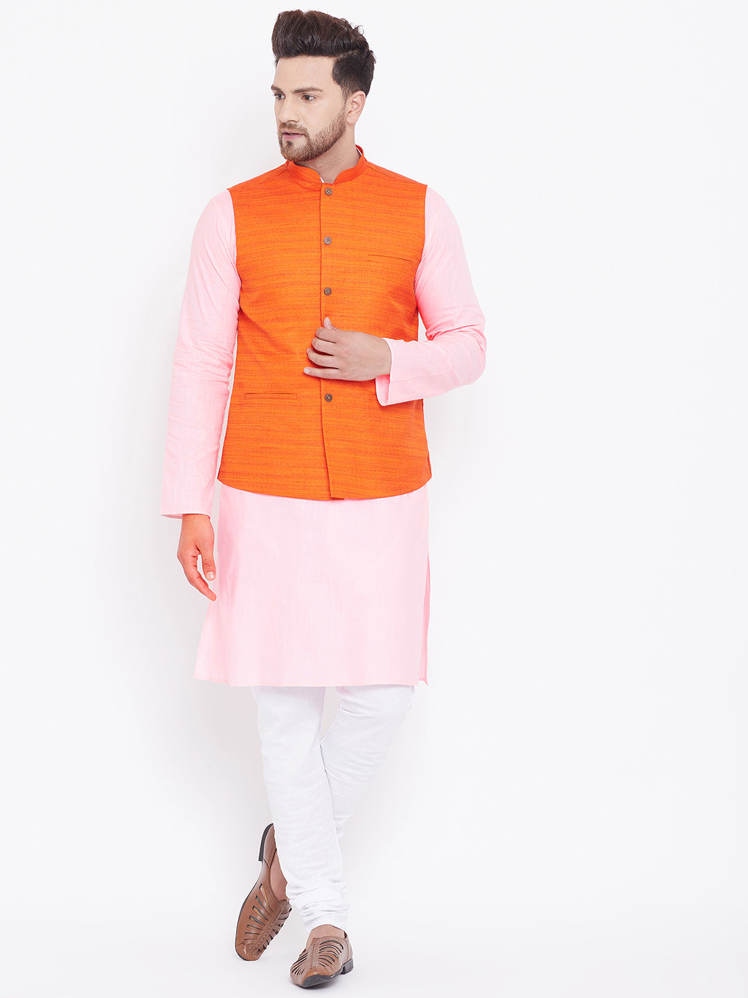 Sarvati Men's Orange, Pink And White Cotton Blend Jacket, Kurta and Pyjama Set