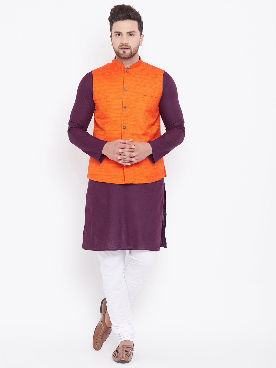 Sarvati Men's Orange Cotton Blend Jacket With Purple And White Kurta and Pyjama Set