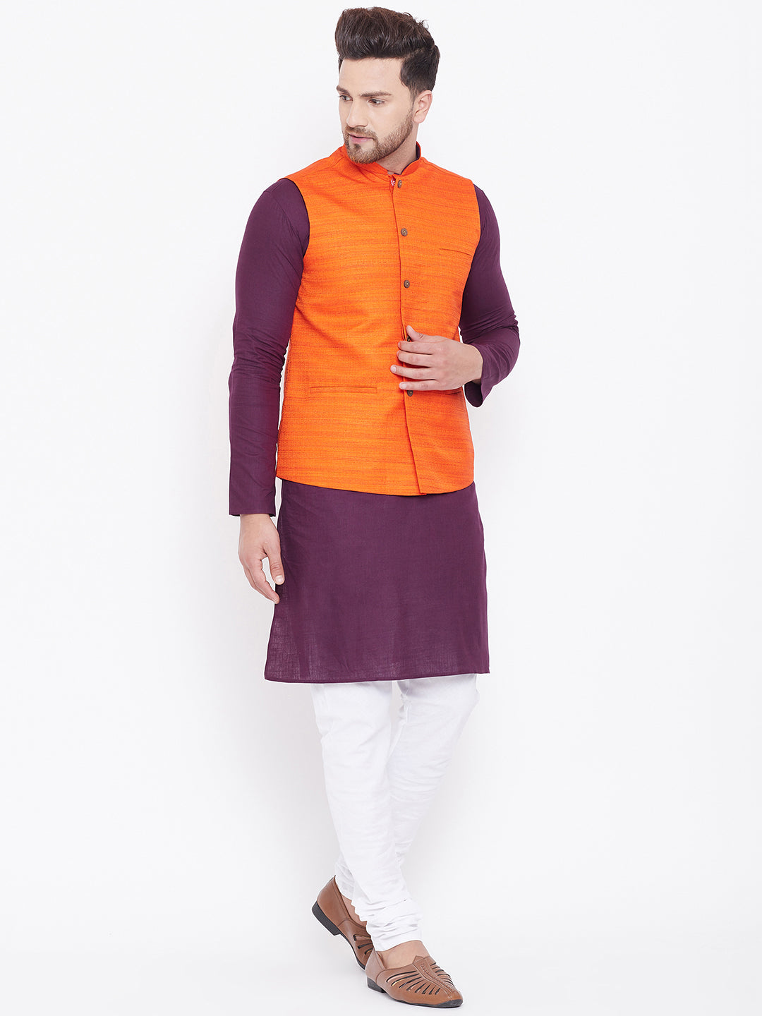 Sarvati Men's Orange Cotton Blend Jacket With Purple And White Kurta and Pyjama Set