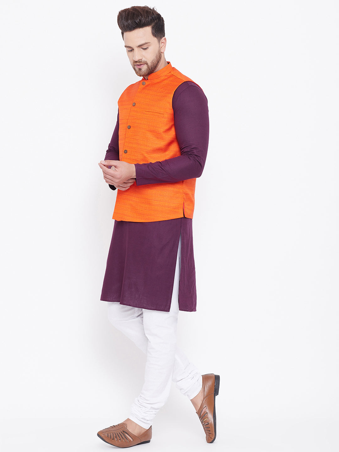 Sarvati Men's Orange Cotton Blend Jacket With Purple And White Kurta and Pyjama Set