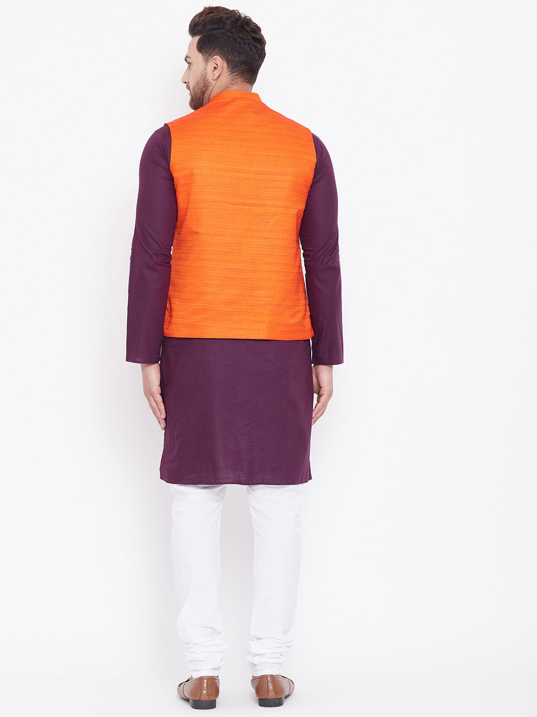 Sarvati Men's Orange Cotton Blend Jacket With Purple And White Kurta and Pyjama Set