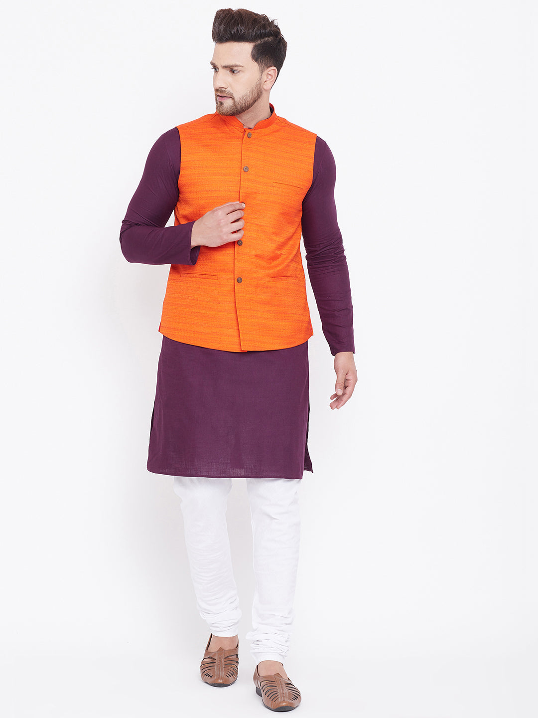 Sarvati Men's Orange Cotton Blend Jacket With Purple And White Kurta and Pyjama Set