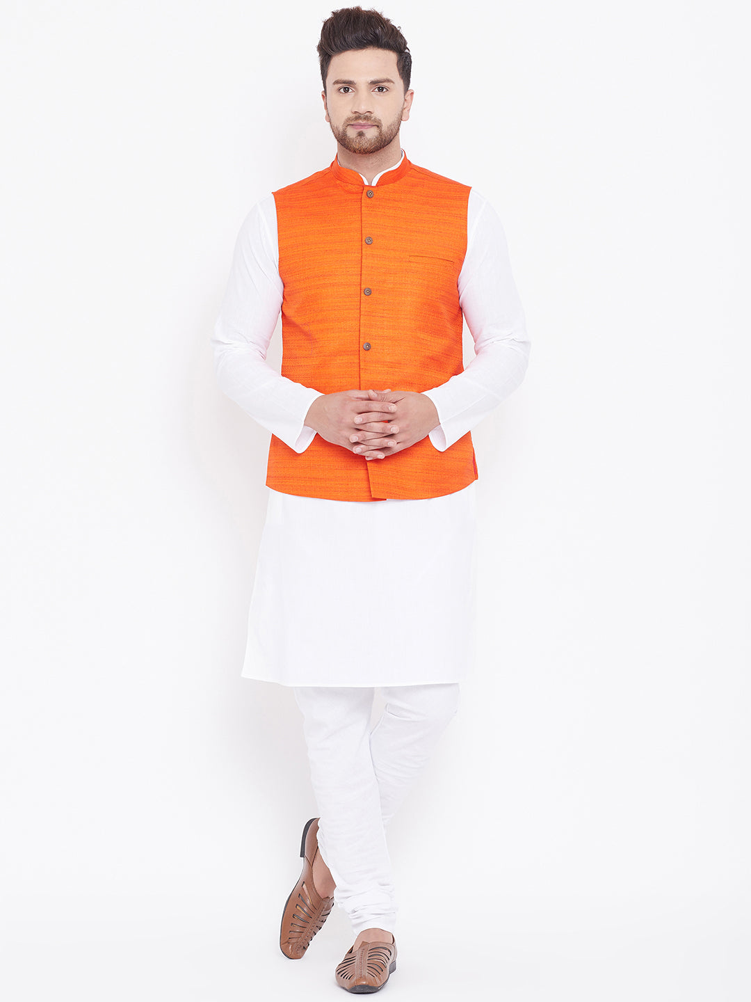 Sarvati Men's Orange And White Cotton Blend Jacket, Kurta and Pyjama Set