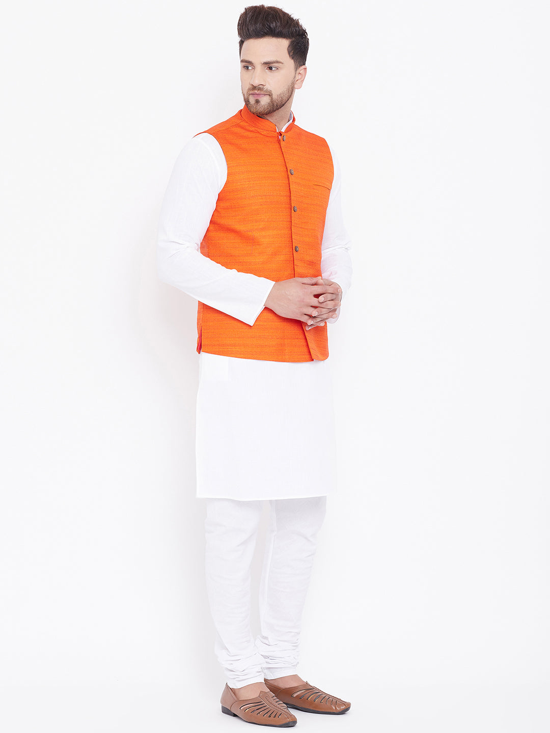 Sarvati Men's Orange And White Cotton Blend Jacket, Kurta and Pyjama Set