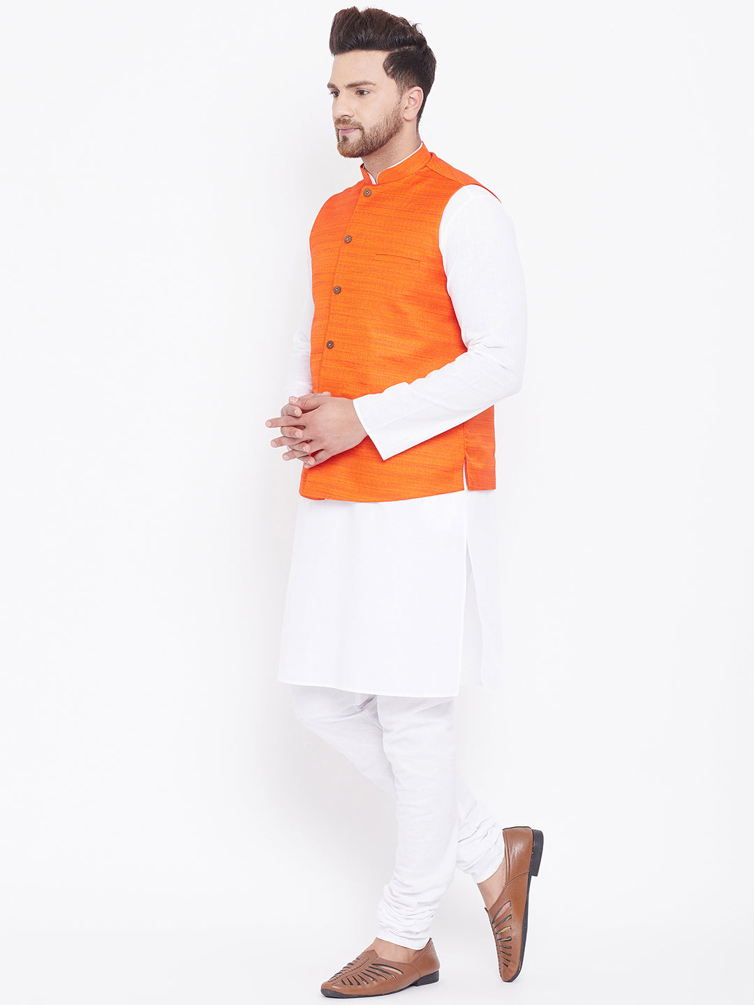 Sarvati Men's Orange And White Cotton Blend Jacket, Kurta and Pyjama Set