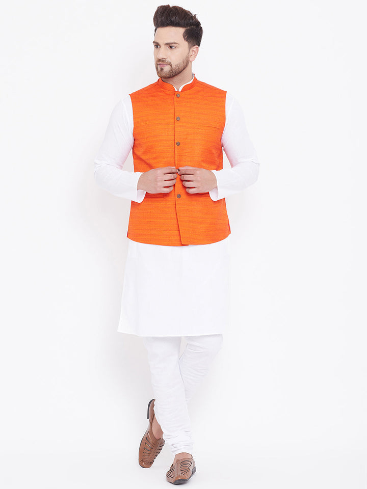 Sarvati Men's Orange And White Cotton Blend Jacket, Kurta and Pyjama Set