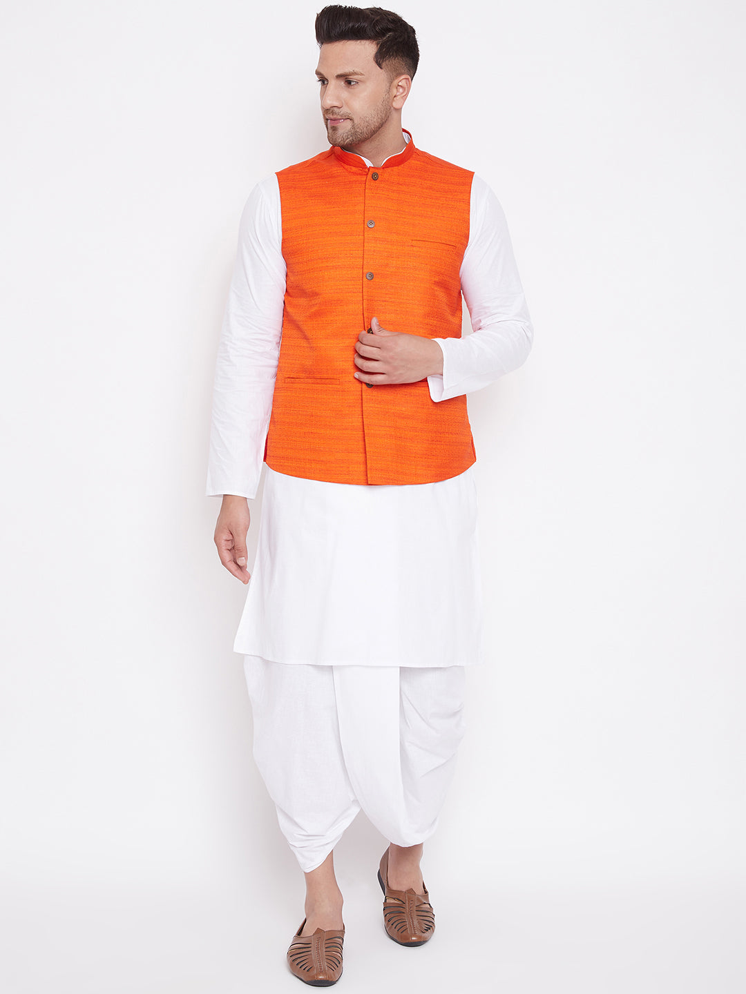 Sarvati Men's Orange And White Cotton Blend Jacket, Kurta and Dhoti Set