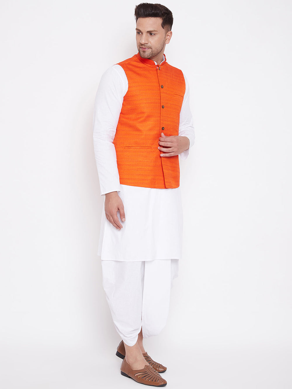 Sarvati Men's Orange And White Cotton Blend Jacket, Kurta and Dhoti Set