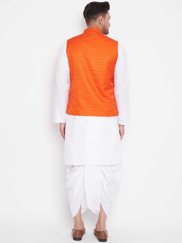 Sarvati Men's Orange And White Cotton Blend Jacket, Kurta and Dhoti Set