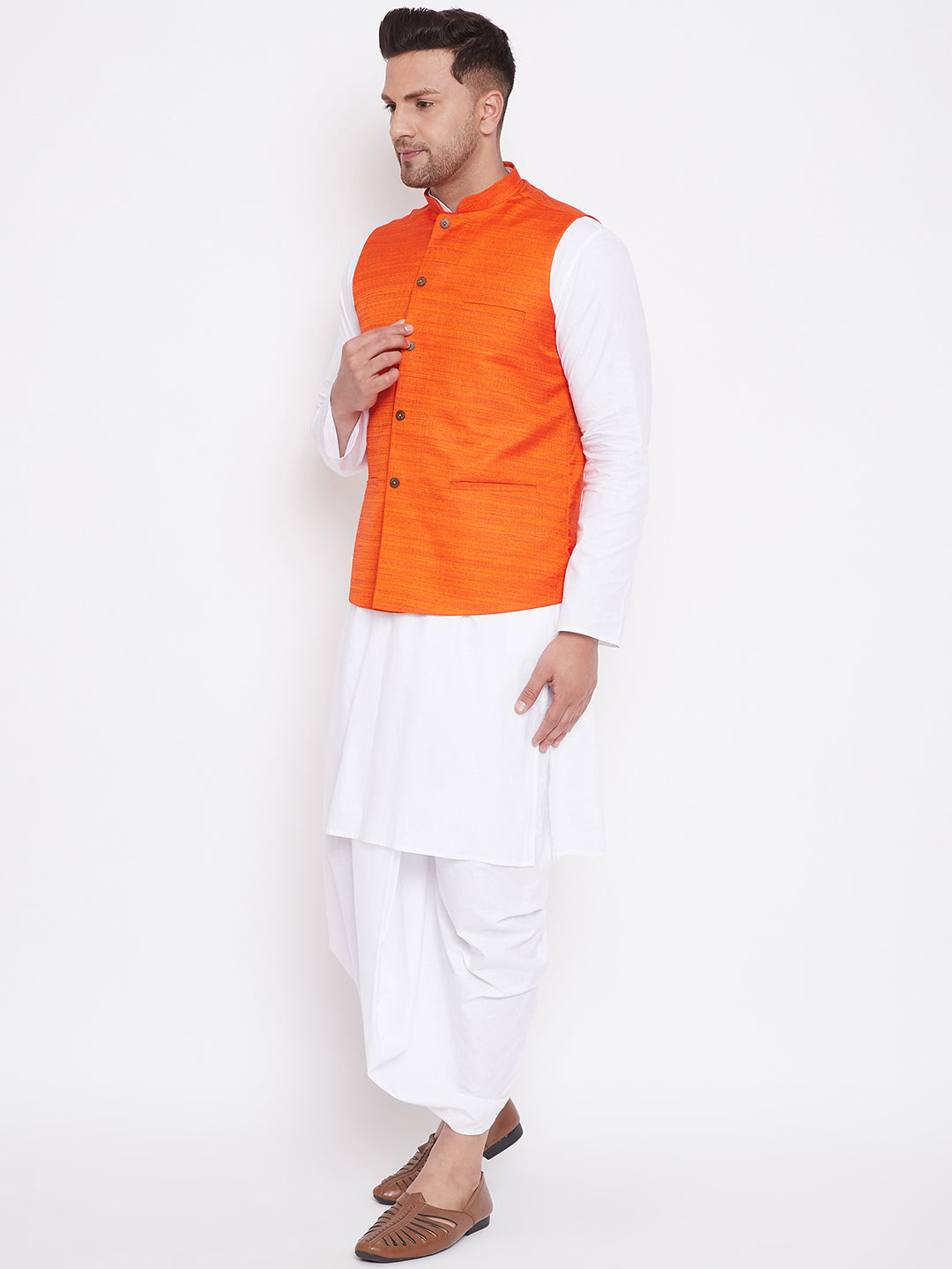 Sarvati Men's Orange And White Cotton Blend Jacket, Kurta and Dhoti Set