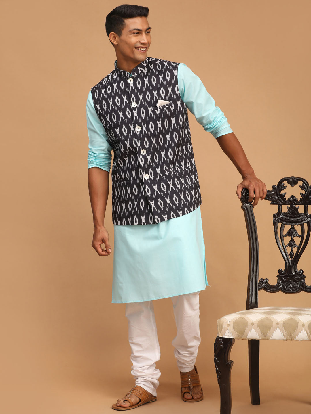 Sarvati Men's Black Ikkat Printed Cotton Nehru Jacket With Aqua Blue Kurta And White Pyjama Set