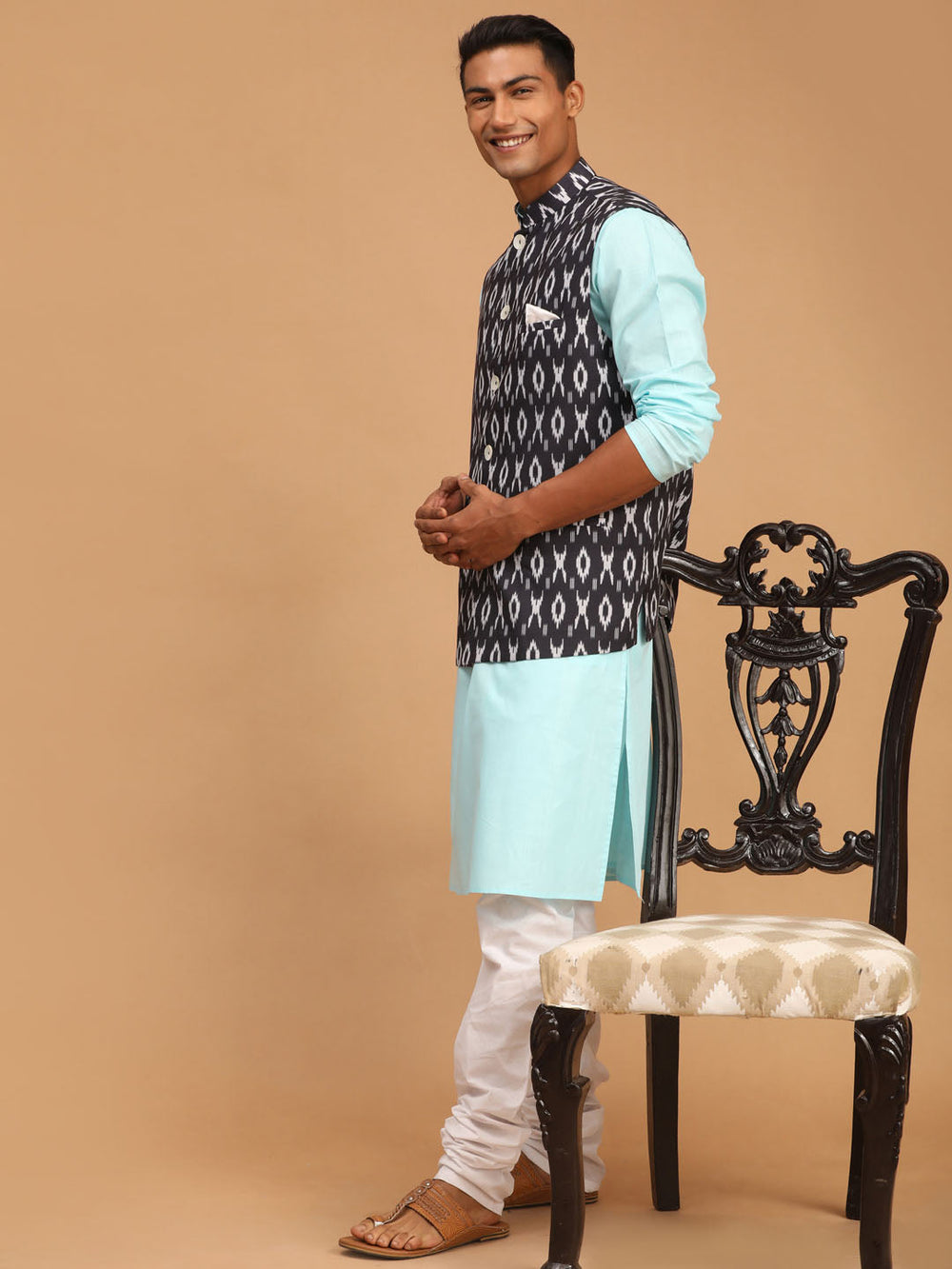 Sarvati Men's Black Ikkat Printed Cotton Nehru Jacket With Aqua Blue Kurta And White Pyjama Set