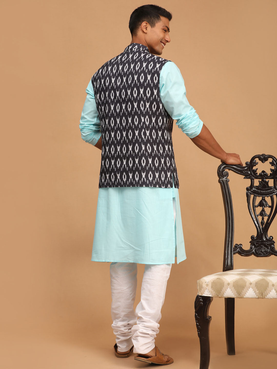 Sarvati Men's Black Ikkat Printed Cotton Nehru Jacket With Aqua Blue Kurta And White Pyjama Set