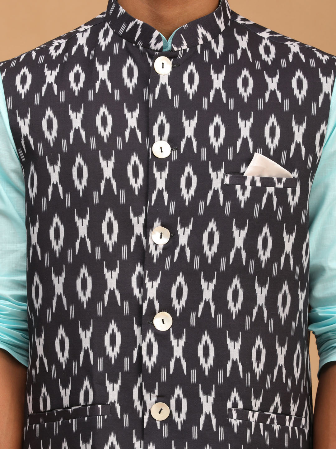 Sarvati Men's Black Ikkat Printed Cotton Nehru Jacket With Aqua Blue Kurta And White Pyjama Set